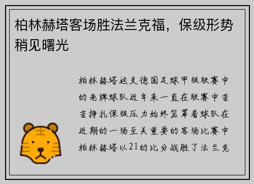 柏林赫塔客场胜法兰克福，保级形势稍见曙光